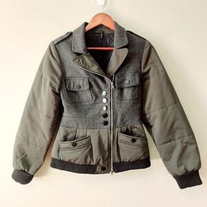 PHI Virgin Wool Puffer Bomber Jacket Women Size 4 Green Gray Short Military Coat